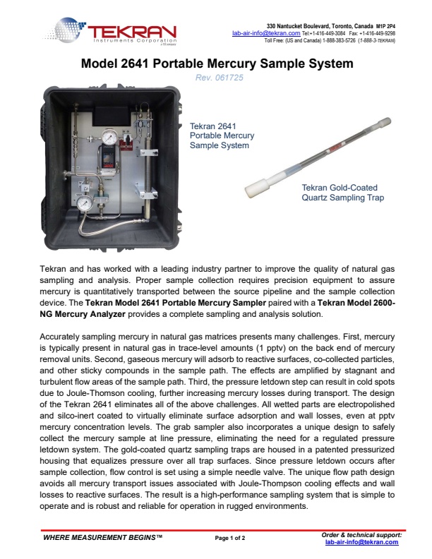 Tekran - Model 2641 - Portable Mercury Sample System - Brochure