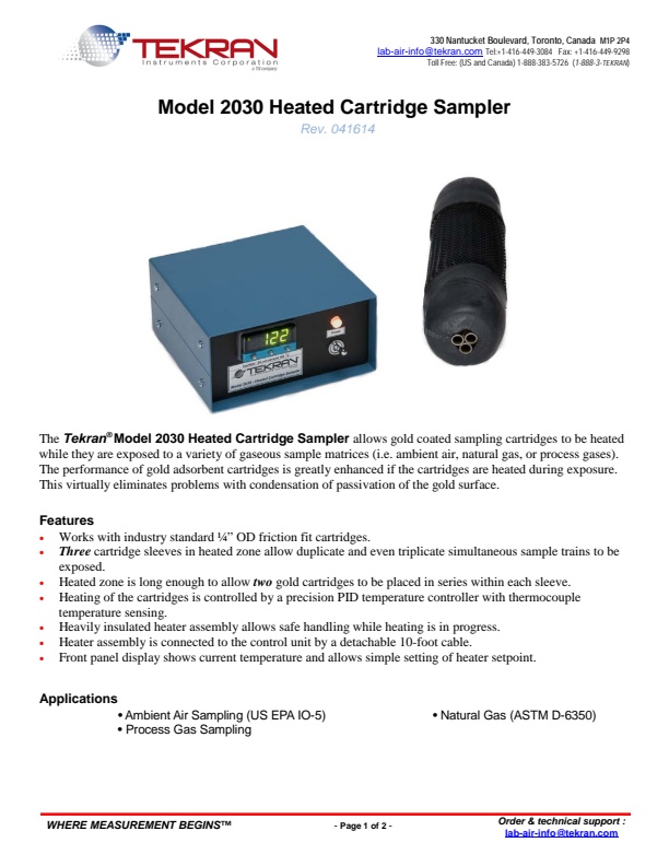 Tekran - Model 2030 - Heated Cartridge Sampler - Brochure