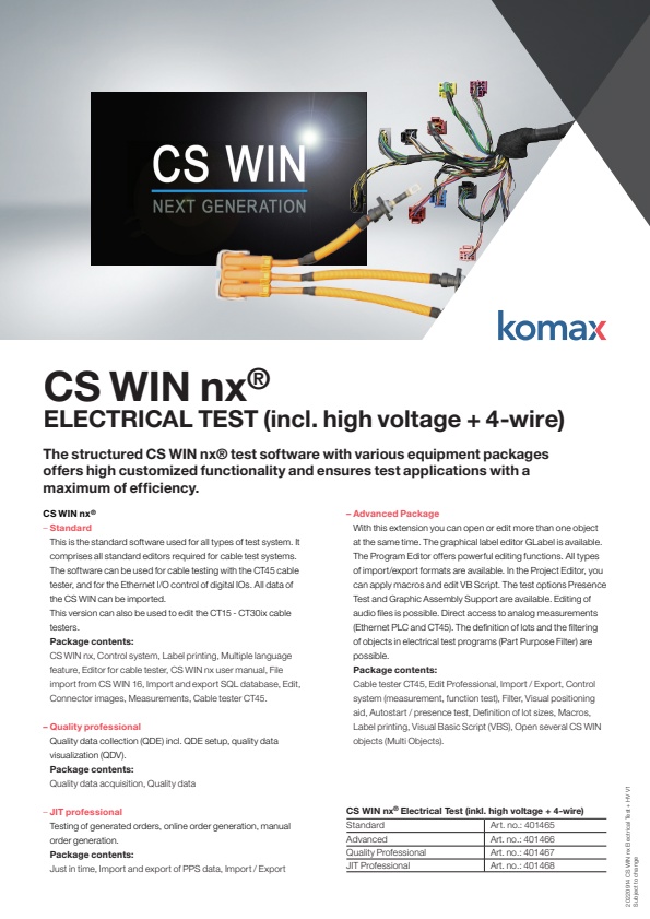 Komax CS WIN nx - Electrical Test+ High Voltage (HV) Software - Brochure