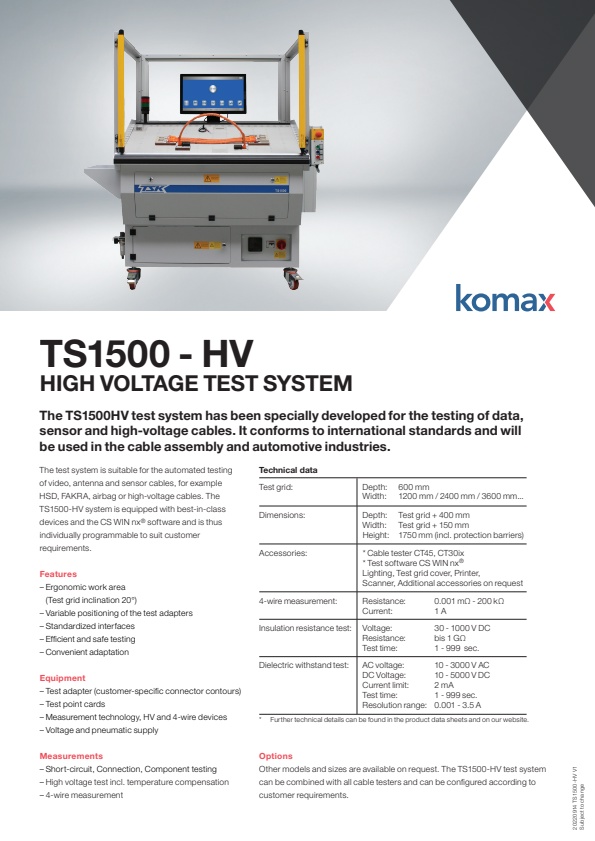 Komax - Model TS1500-HV - High Voltage Test System - Brochure