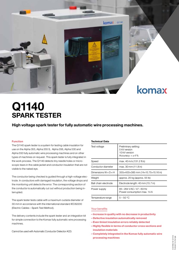 Komax - Model Q1140 - High Voltage Spark Tester for Fully Automatic ...
