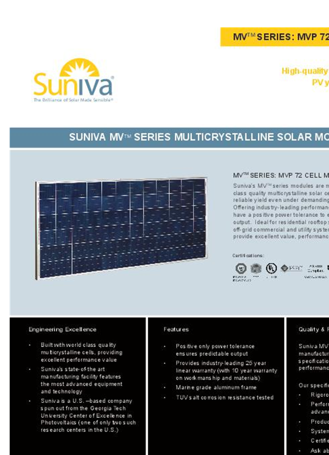 Suniva MV Series 72 Cell (Multi) Multicrystalline Solar Modules ...