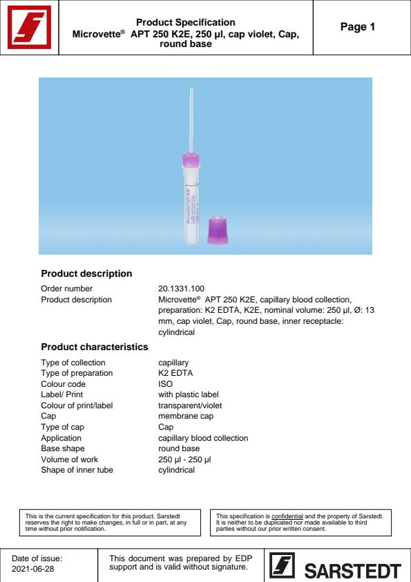 Microvette - Model 20.1331.100 - Violet Cap Tubes - Brochure