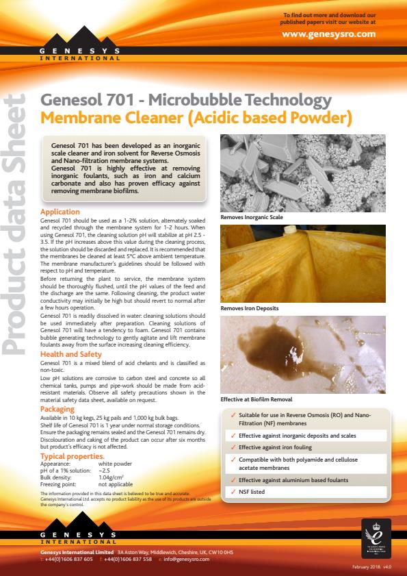 Genesol - Model 701 - Membrane Cleaner (Acidic Based Powder) - Datasheet