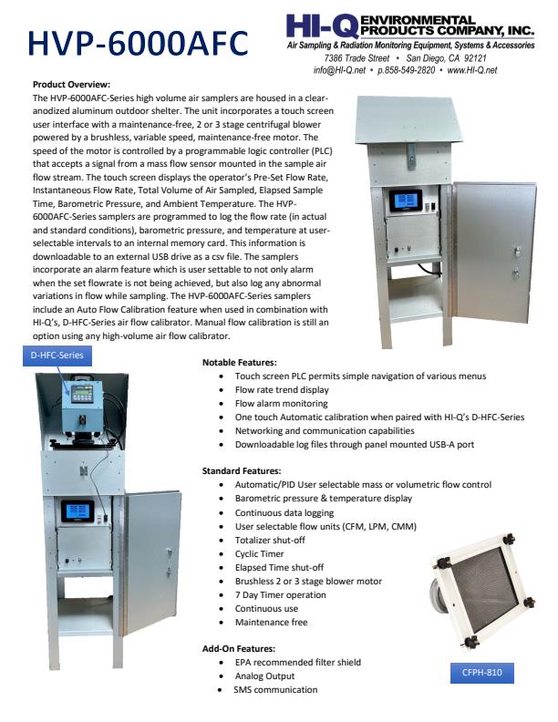 HI-Q HVP-6000AFC Series High Volume Air Samplers - Brochure