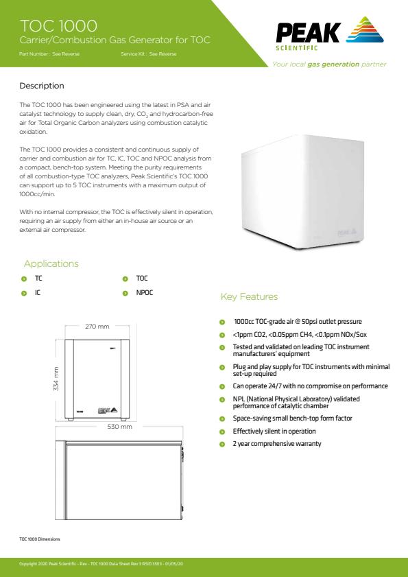 TOC 1000 Carrier/Combustion Gas Generator for TOC - Data Sheet