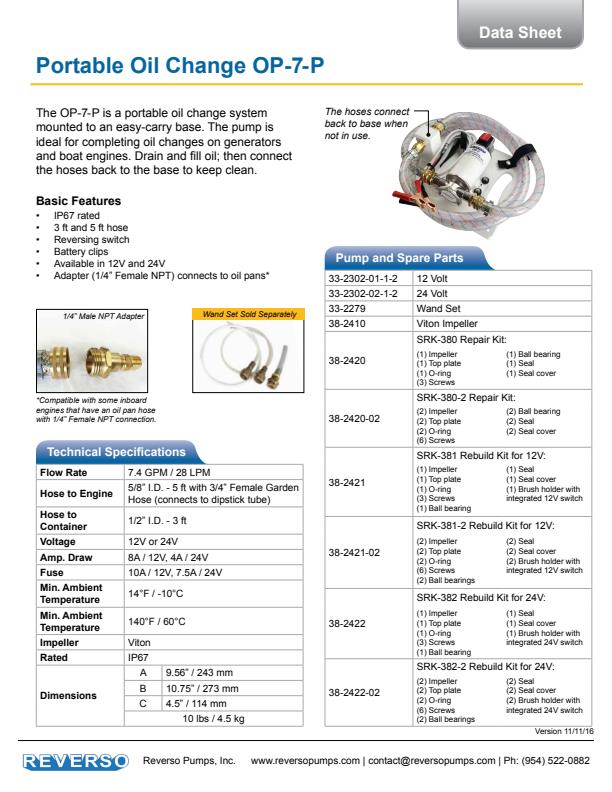 Reverso - Model OP-7-P - Portable Fast Lube Oil Change System - Datasheet