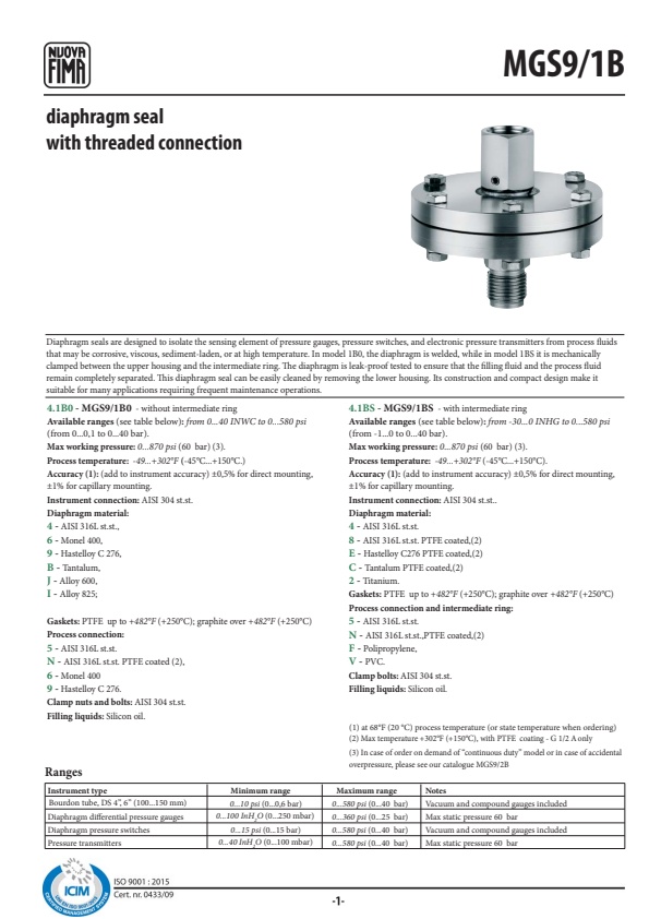 Nuova Fima - Model MGS9/1B - Diaphragm Seal with Threaded Connection ...