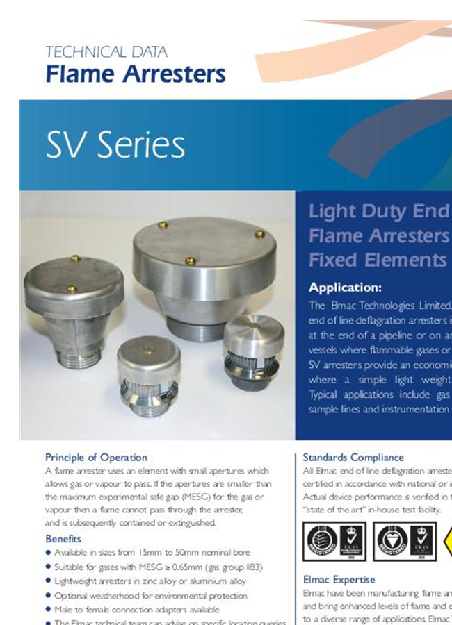 Elmac Technologies - SV Series - Light Duty End of Line Flame Arresters ...