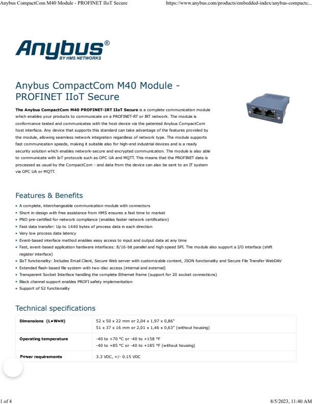 Anybus CompactCom - Model M40 - Profinet IIoT Secure Modules - Brochure