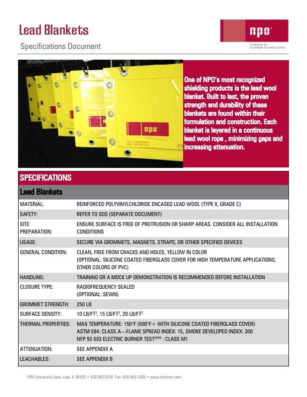 Lead Blankets - Specifications