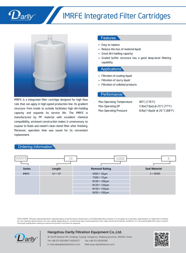 Darlly - Model IMRFE Series - Integrated Filter Cartridges - Brochure