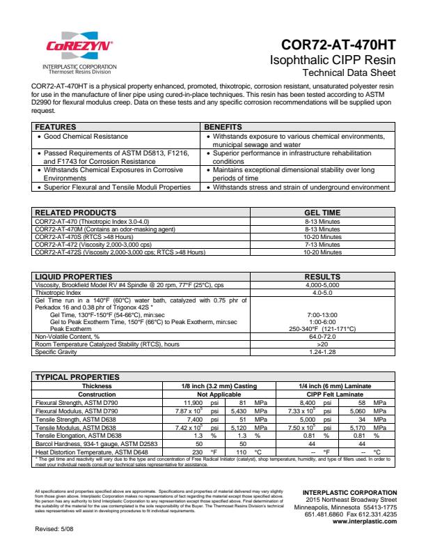 CIPP - Model COR72-AT-470HT - Isophthalic Resin - Brochure