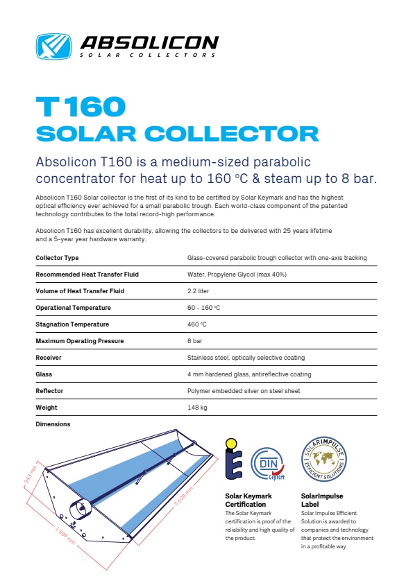 Absolicon - Model T160 - Solar Collectors - Data Sheet