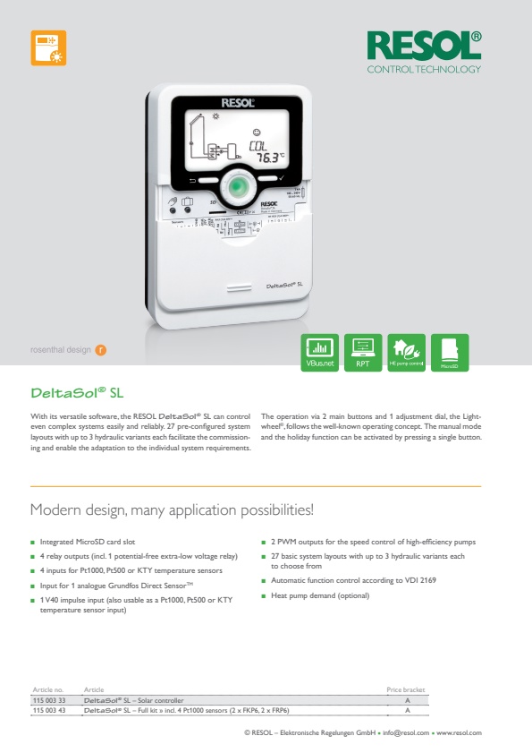 Resol - Model DeltaSol A/AX/AX HE - Solar Controller - Brochure