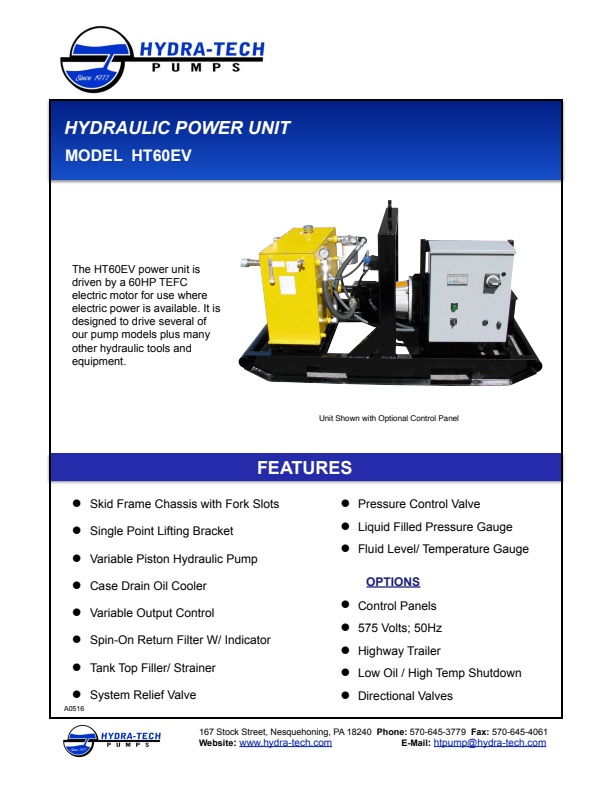 Hydra-Tech - Model HT60E - Hydraulic Power Unit - Brochure