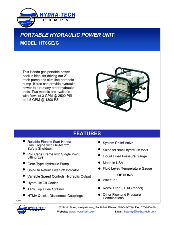 Hydra-Tech - Model HT6GE/G - Portable Hydraulic Power Unit - Brochure