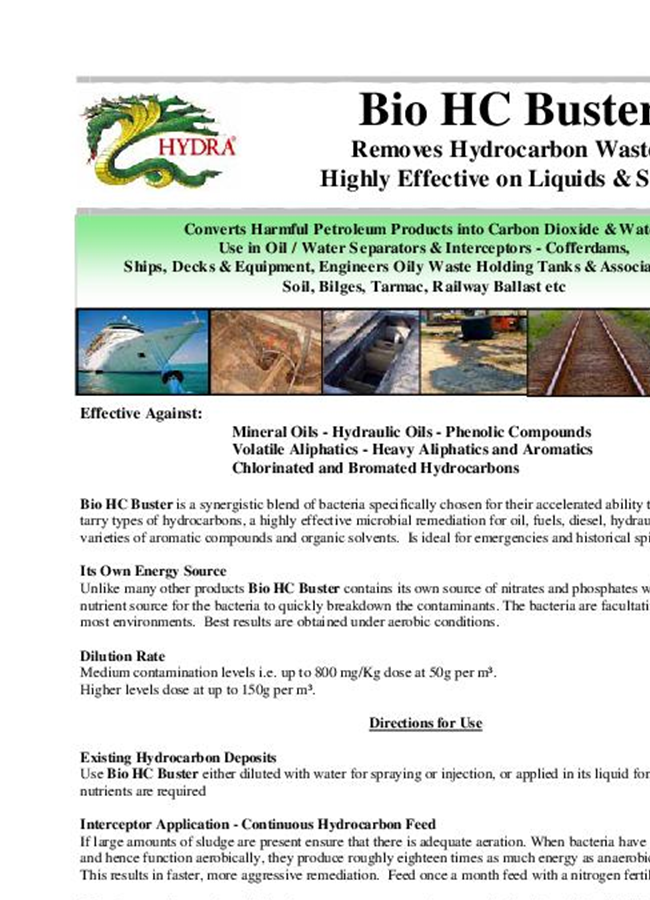 Hydra - Bio HC Buster For Removes Hydrocarbon Wastes from Liquids and ...