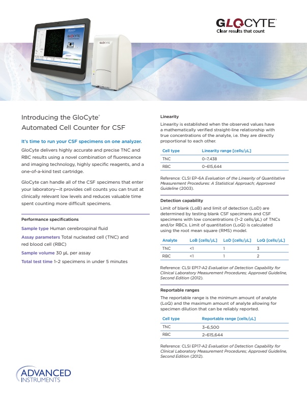 GloCyte - Automated Cell Counter for CSF - Datasheet