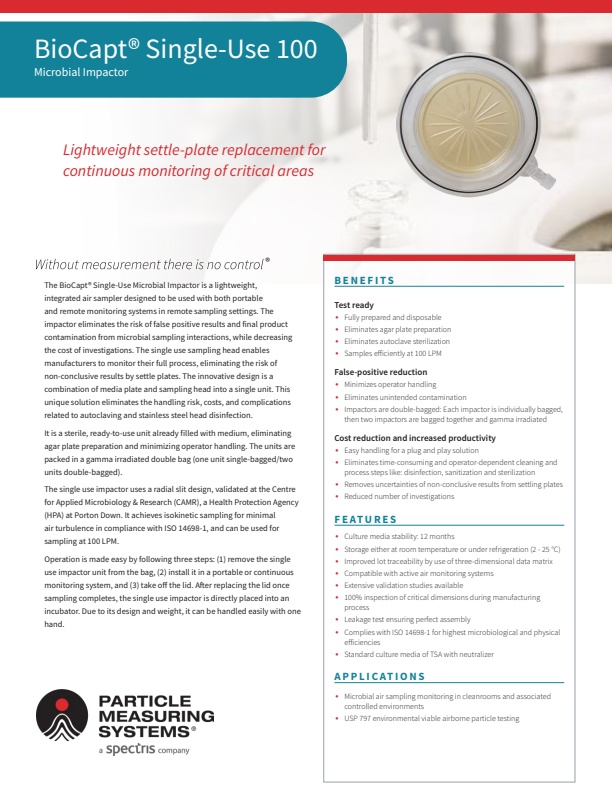 PMS BioCapt - Model 100 - Single-Use Microbial Impactor - Datasheet