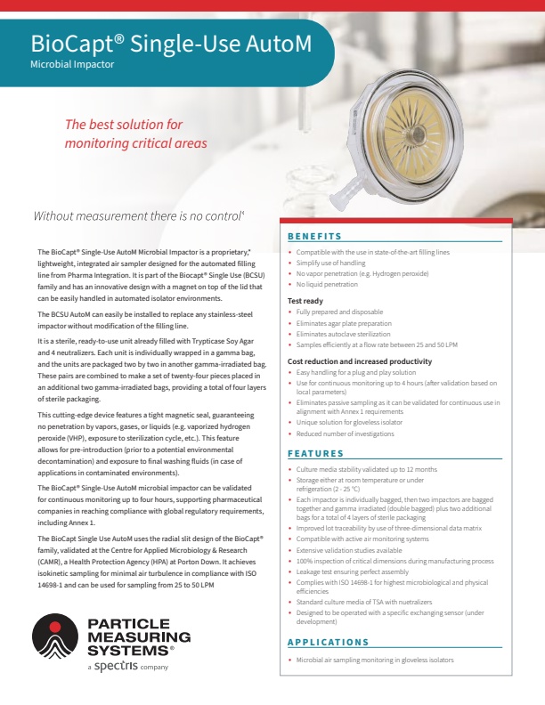 PMS BioCapt Single-Use AutoM - Microbial Impactor - Datasheet
