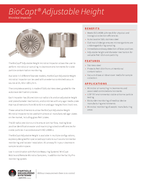 BioCapt - Viable Cleanroom Monitor - Impactor - Specification Sheet