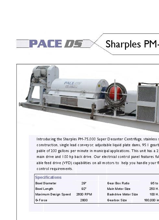 PM-75,000 - Super Decanter Centrifuge Sharples Specification Sheet