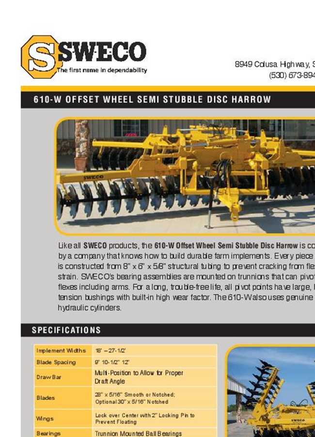 Sweco Disc Sweco - Model 610-W - Wheel Semi Stubble Wing Disc Harrow Brochure