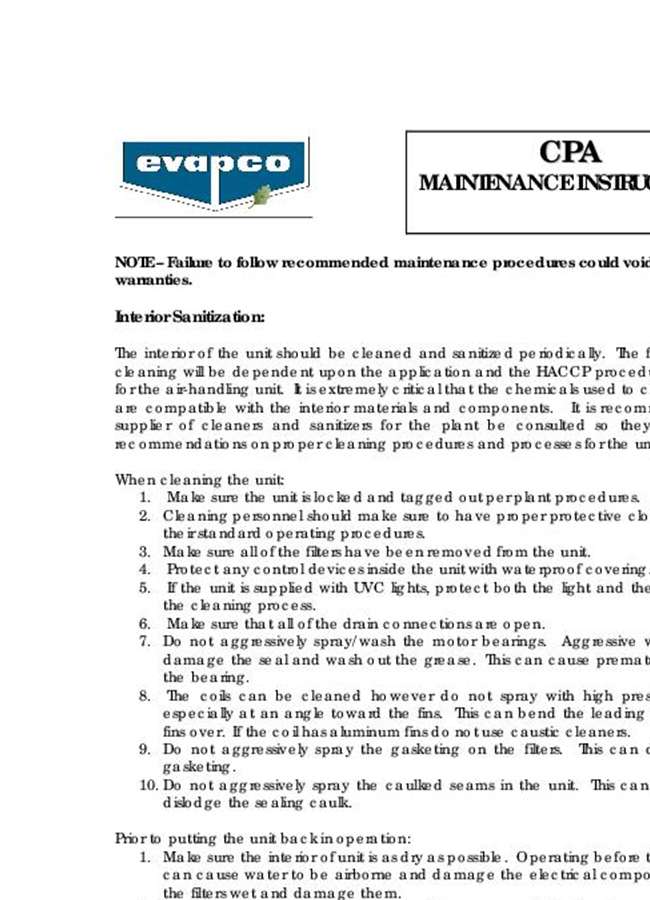 Evapco - Model CPA - Critical Process Air Systems - Maintenance ...