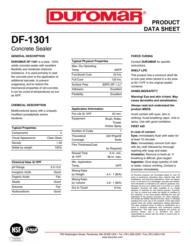 Duromar - Model DF-1301 - Solids Concrete Sealer -Brochure
