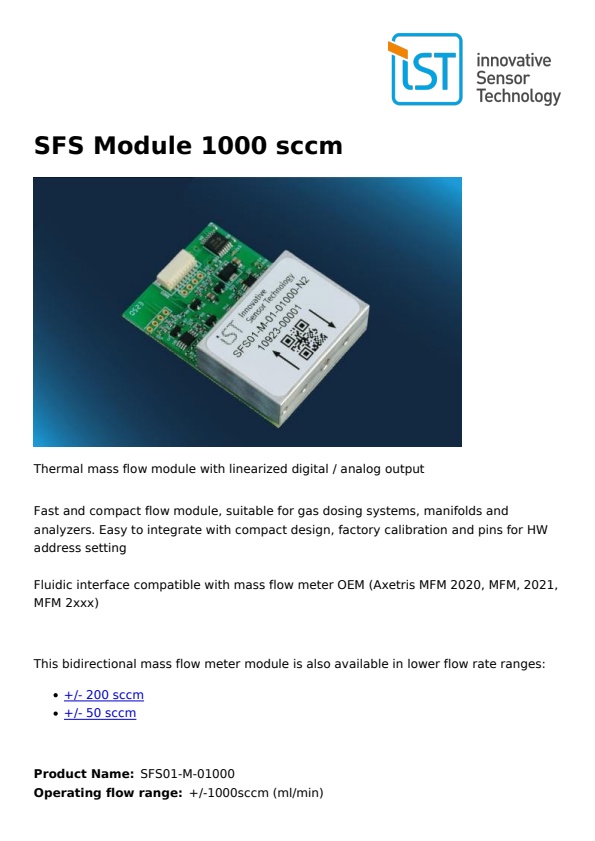 IST AG - Model SFS - 1000 SCCM - Thermal Mass Flow Module - Brochure