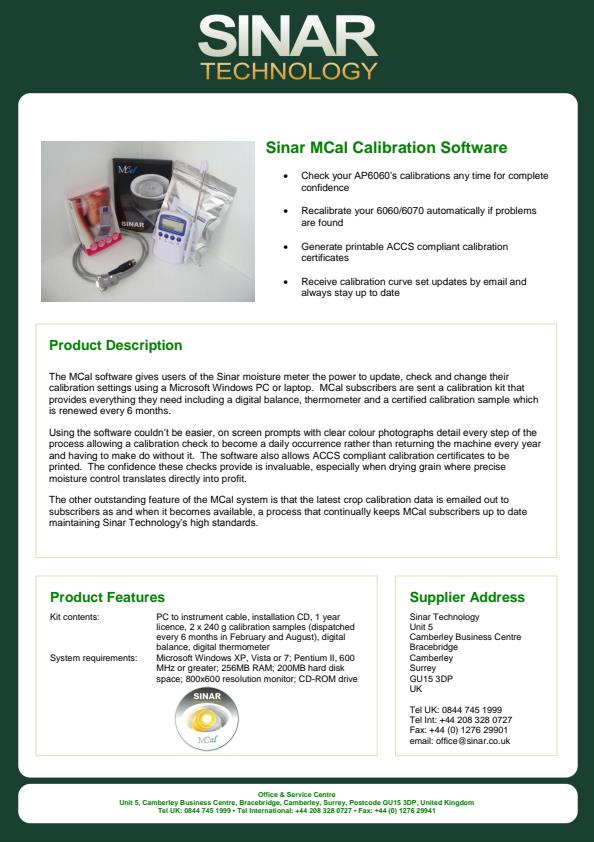 Sinar Version MCal Calibration Software - Datasheet