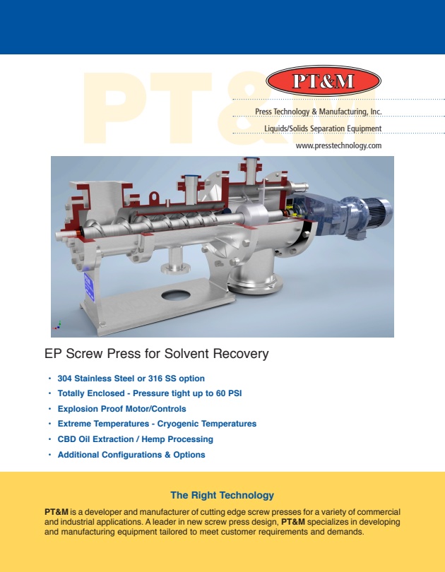 PT&M - Model EP-AGP - Screw Press for Solvent Recovery, Hemp Processing ...