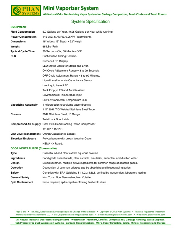 Piian - Mini Vaporizer Odor Neutralizing System Specification - Brochure