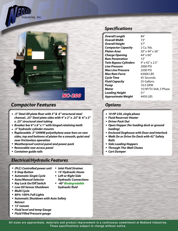 Nedland - 2 Cubic Yard Stationary Compactor - Brochure