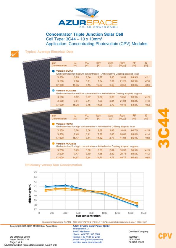 Azur-Space - Model CPV -3C44C - Triple Junction Solar Cell - Brochure