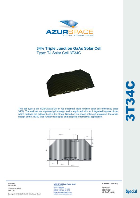 Azur-Space - Model Type 3T34C - Triple Junction Solar Cell - Brochure