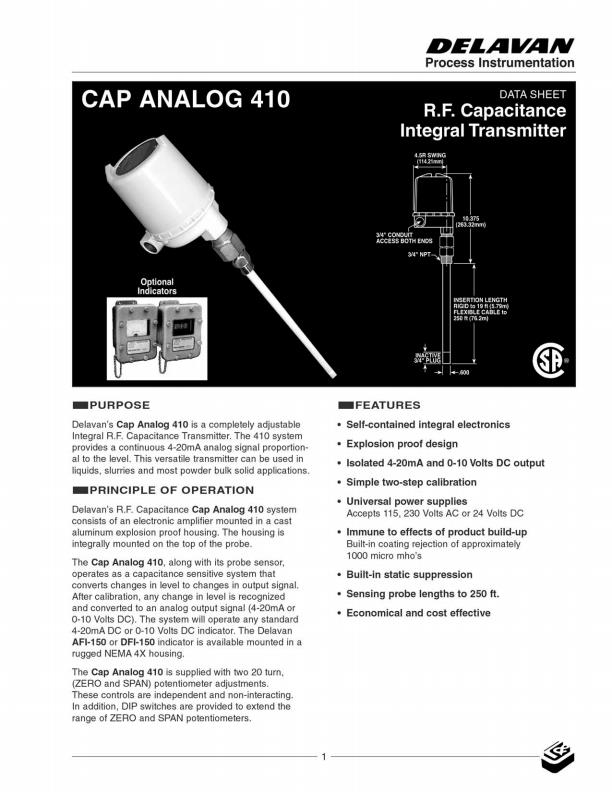 Delavan - 410 - Cap Analog Integral R.F. Capacitance Level Transmitter ...