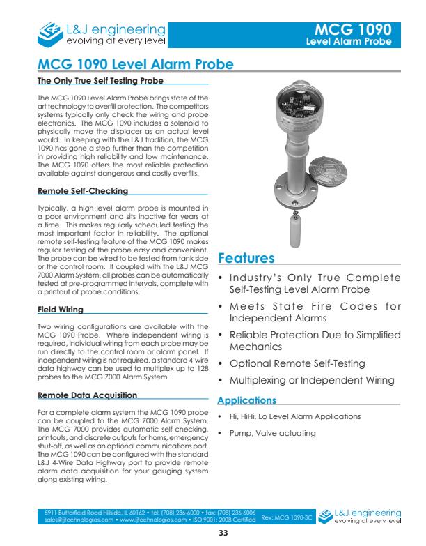 L J Engineering - Model MCG 1090 - Level Alarm Probe - Datasheet