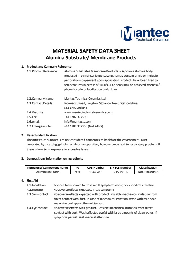 Mantec - Ceramic Membranes & Substrates - Material Data Sheet