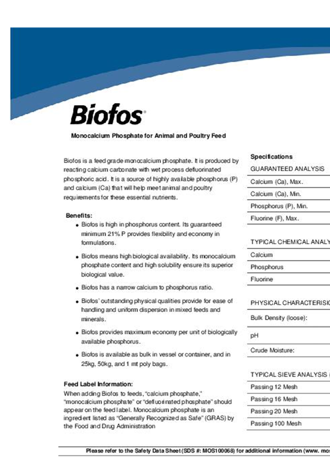 Biofos - Monocalcium Phosphate for Animal and Poultry Feed Brochure