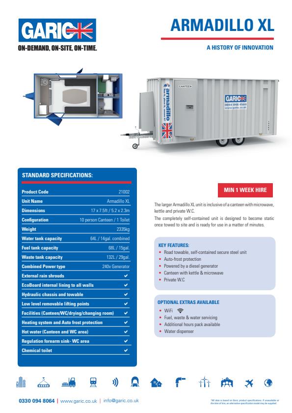 Garic Armadillo - Model XL - Towable Welfare Unit - Datasheet