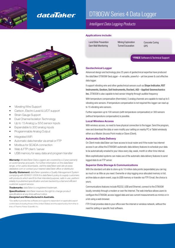 dataTaker - Model DT80GW - Geotechnical Data Loggers - Datasheet