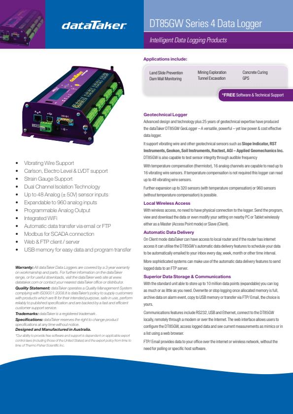 dataTaker - Model DT85GW - Geotechnical Data Loggers - Datasheet