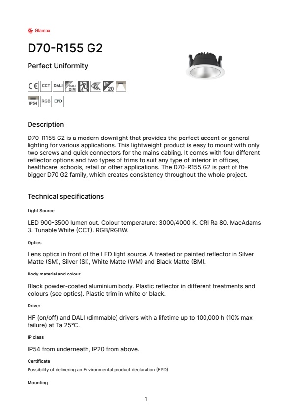 Glamox - Model D70-R155 G2 - Downlight - Brochure